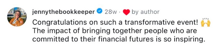 Comment from jennythebookkeeper congratulating Barbara on a transformative event